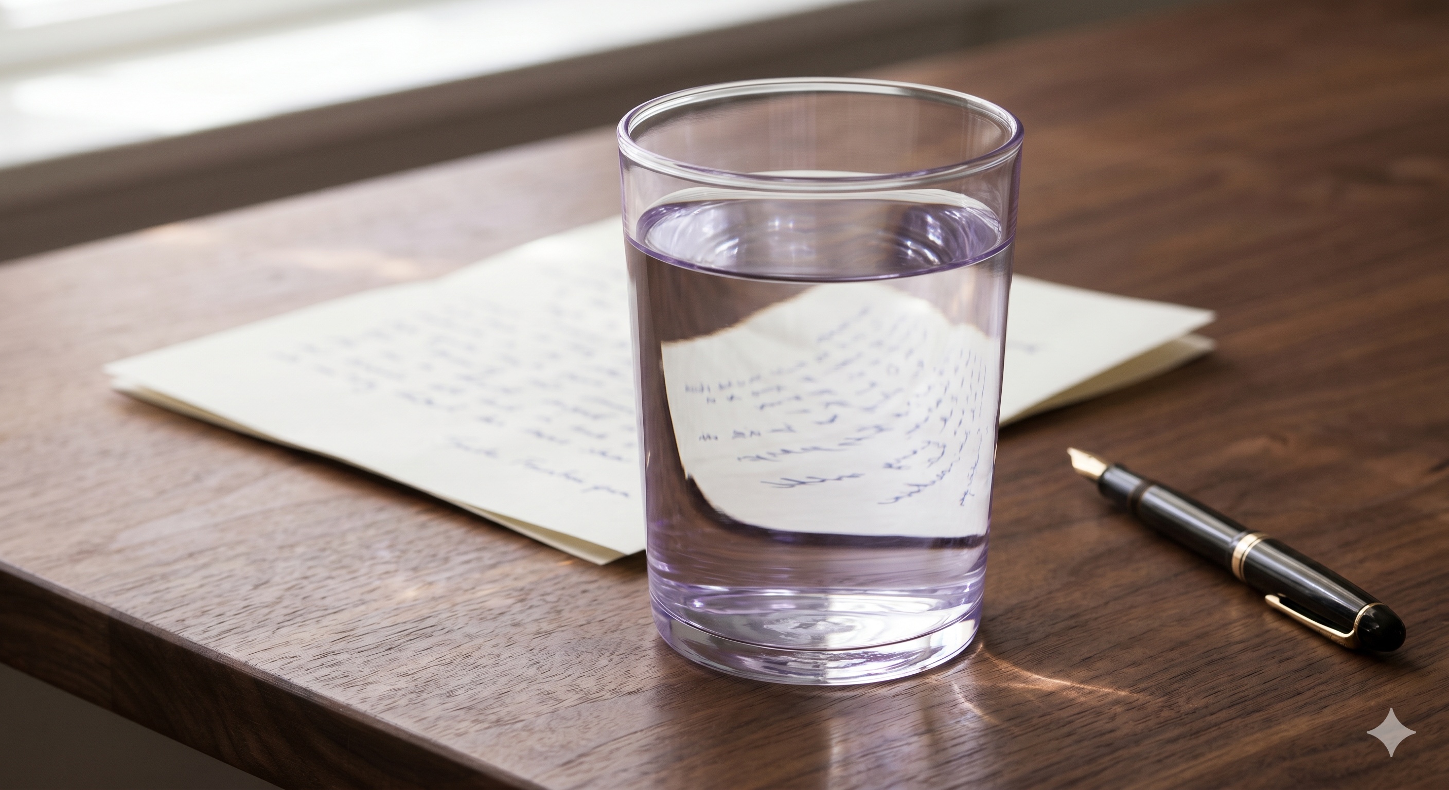 A clear glass of water on a wooden desk distorting and refracting a handwritten letter behind it, with a fountain pen nearby — a symbol that what looks transparent can still obscure what lies beneath.